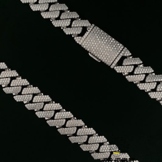 14mm Solid Silver 3-Row Moissanite Diamond-Cut Miami Cuban Link Chain